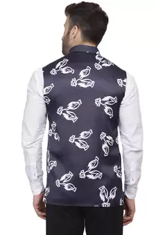 Blue Printed Satin Nehru Jacket