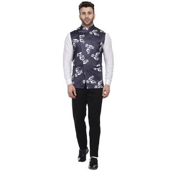 Blue Printed Satin Nehru Jacket 5