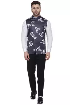 Blue Printed Satin Nehru Jacket