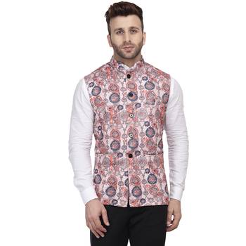 Orange Printed Pure Cotton Knitted Stretch Nehru Jacket 1