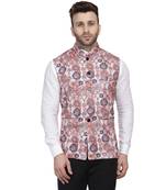 Orange Printed Pure Cotton Knitted Stretch Nehru Jacket