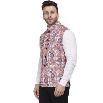 Orange Printed Pure Cotton Knitted Stretch Nehru Jacket 2