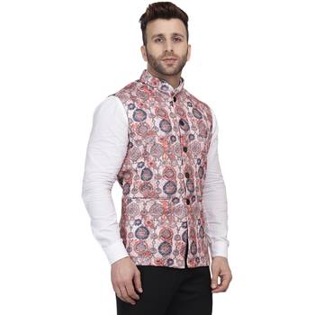 Orange Printed Pure Cotton Knitted Stretch Nehru Jacket 3