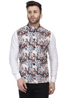 Beige Printed Pure Cotton Knitted Stretch Nehru Jacket
