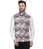 Beige Printed Pure Cotton Knitted Stretch Nehru Jacket