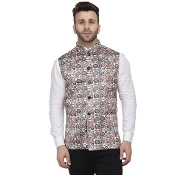 Beige Printed Pure Cotton Knitted Stretch Nehru Jacket 1