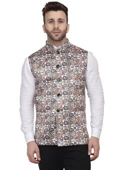 Beige Printed Pure Cotton Knitted Stretch Nehru Jacket