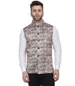 Beige Printed Pure Cotton Knitted Stretch Nehru Jacket