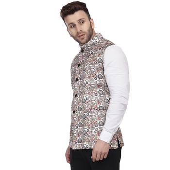Beige Printed Pure Cotton Knitted Stretch Nehru Jacket 2