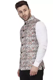 Beige Printed Pure Cotton Knitted Stretch Nehru Jacket