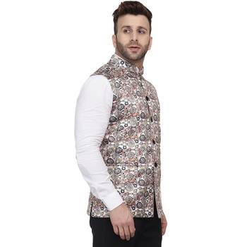 Beige Printed Pure Cotton Knitted Stretch Nehru Jacket 3