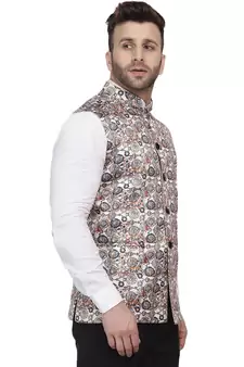 Beige Printed Pure Cotton Knitted Stretch Nehru Jacket