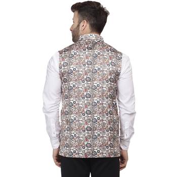 Beige Printed Pure Cotton Knitted Stretch Nehru Jacket 4