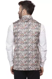Beige Printed Pure Cotton Knitted Stretch Nehru Jacket