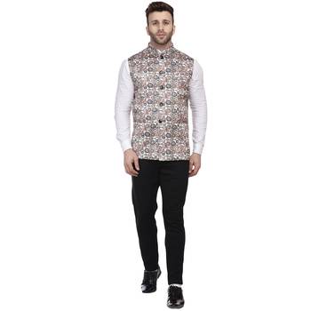 Beige Printed Pure Cotton Knitted Stretch Nehru Jacket 5