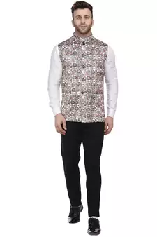 Beige Printed Pure Cotton Knitted Stretch Nehru Jacket