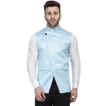 Blue Printed Satin Nehru Jacket 1