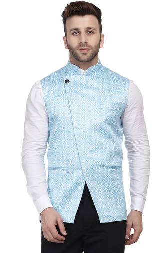 Blue Printed Satin Nehru Jacket