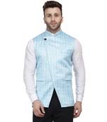 Blue Printed Satin Nehru Jacket