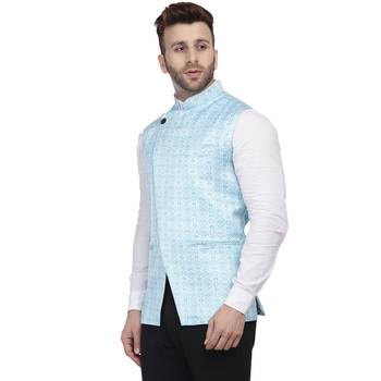 Blue Printed Satin Nehru Jacket 2