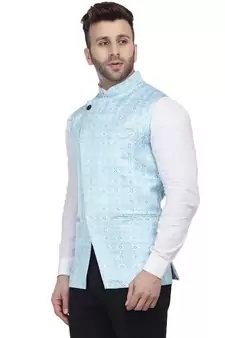 Blue Printed Satin Nehru Jacket