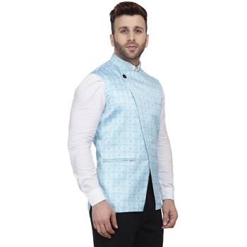 Blue Printed Satin Nehru Jacket 3