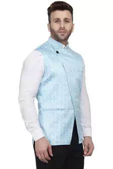 Blue Printed Satin Nehru Jacket
