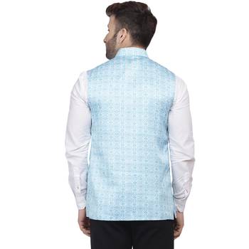 Blue Printed Satin Nehru Jacket 4