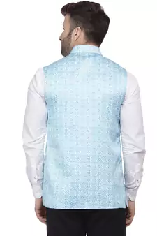 Blue Printed Satin Nehru Jacket