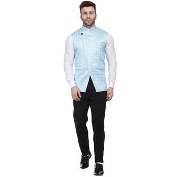 Blue Printed Satin Nehru Jacket 5