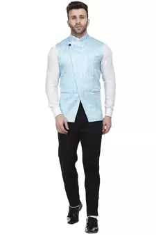 Blue Printed Satin Nehru Jacket