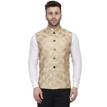 Gold Printed Jacquard Nehru Jacket 1
