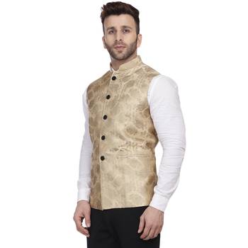 Gold Printed Jacquard Nehru Jacket 2