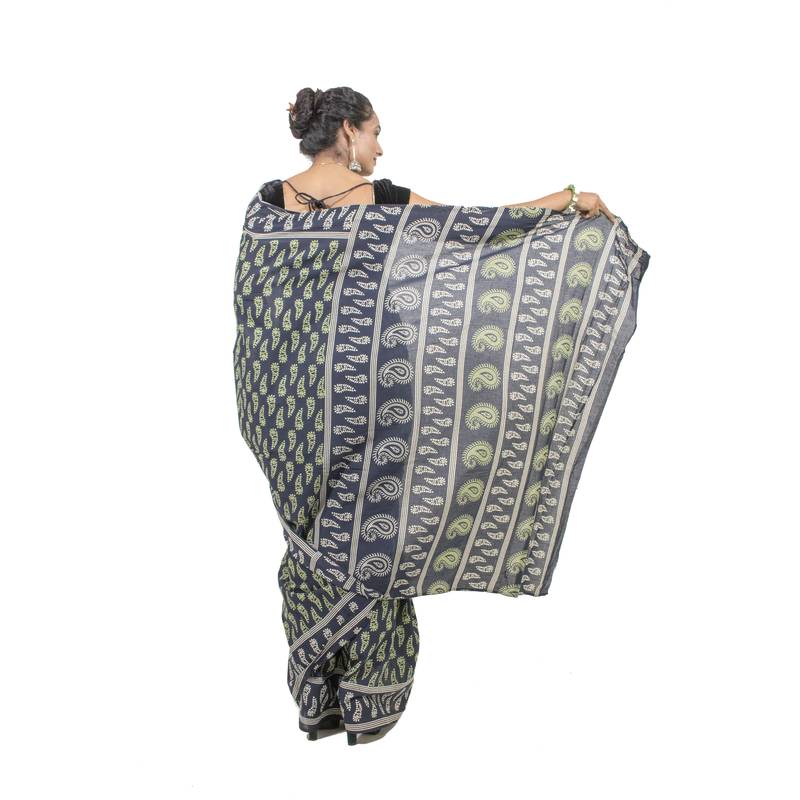 Multicolor Bagru Print Cotton Mulmul Saree With Blouse
