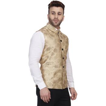 Gold Printed Jacquard Nehru Jacket 3