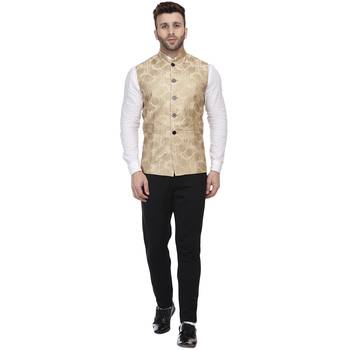 Gold Printed Jacquard Nehru Jacket 5