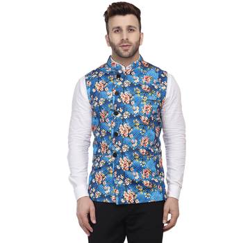 Blue Printed Pure Cotton Knitted Stretch Nehru Jacket 1