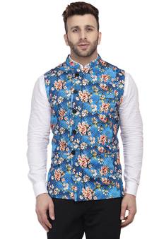 Blue Printed Pure Cotton Knitted Stretch Nehru Jacket