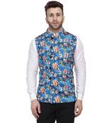 Blue Printed Pure Cotton Knitted Stretch Nehru Jacket