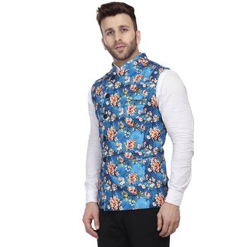 Blue Printed Pure Cotton Knitted Stretch Nehru Jacket 2