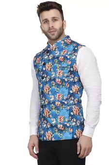 Blue Printed Pure Cotton Knitted Stretch Nehru Jacket
