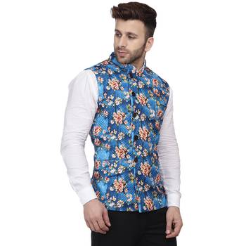Blue Printed Pure Cotton Knitted Stretch Nehru Jacket 3