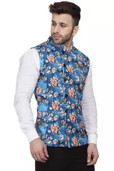 Blue Printed Pure Cotton Knitted Stretch Nehru Jacket