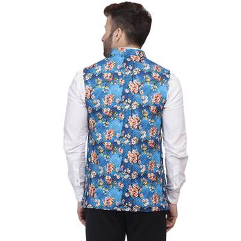 Blue Printed Pure Cotton Knitted Stretch Nehru Jacket 4