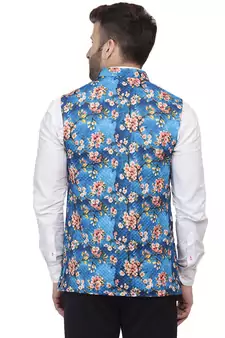 Blue Printed Pure Cotton Knitted Stretch Nehru Jacket
