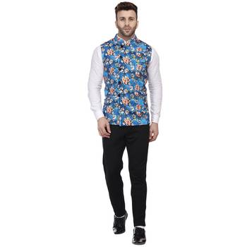 Blue Printed Pure Cotton Knitted Stretch Nehru Jacket 5