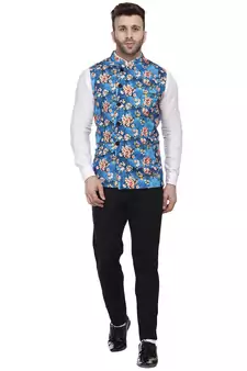 Blue Printed Pure Cotton Knitted Stretch Nehru Jacket