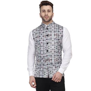 White Printed Pure Cotton Knitted Stretch Nehru Jacket 1
