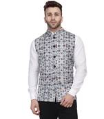 White Printed Pure Cotton Knitted Stretch Nehru Jacket
