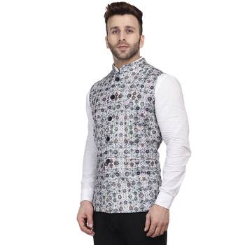 White Printed Pure Cotton Knitted Stretch Nehru Jacket 2